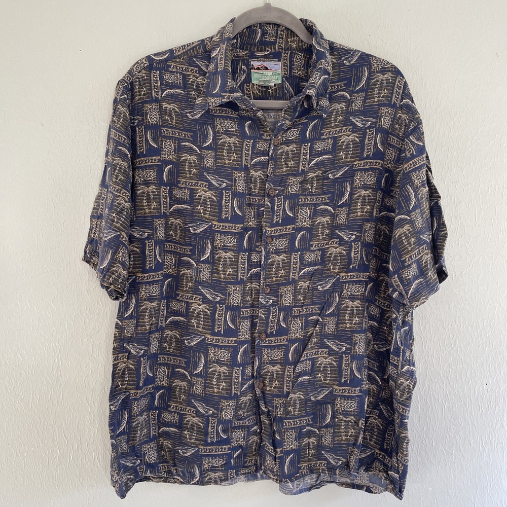 Reyn Spooner Shirt‎ Mens Large Vintage Navy Blue Palms Hawaiian Button Up Rayon